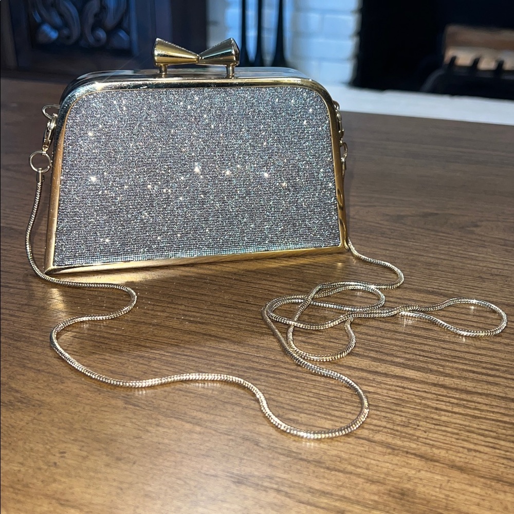 Stuart Weitzman Elegant Glitter Evening Clutch - Gold Frame Sparkle